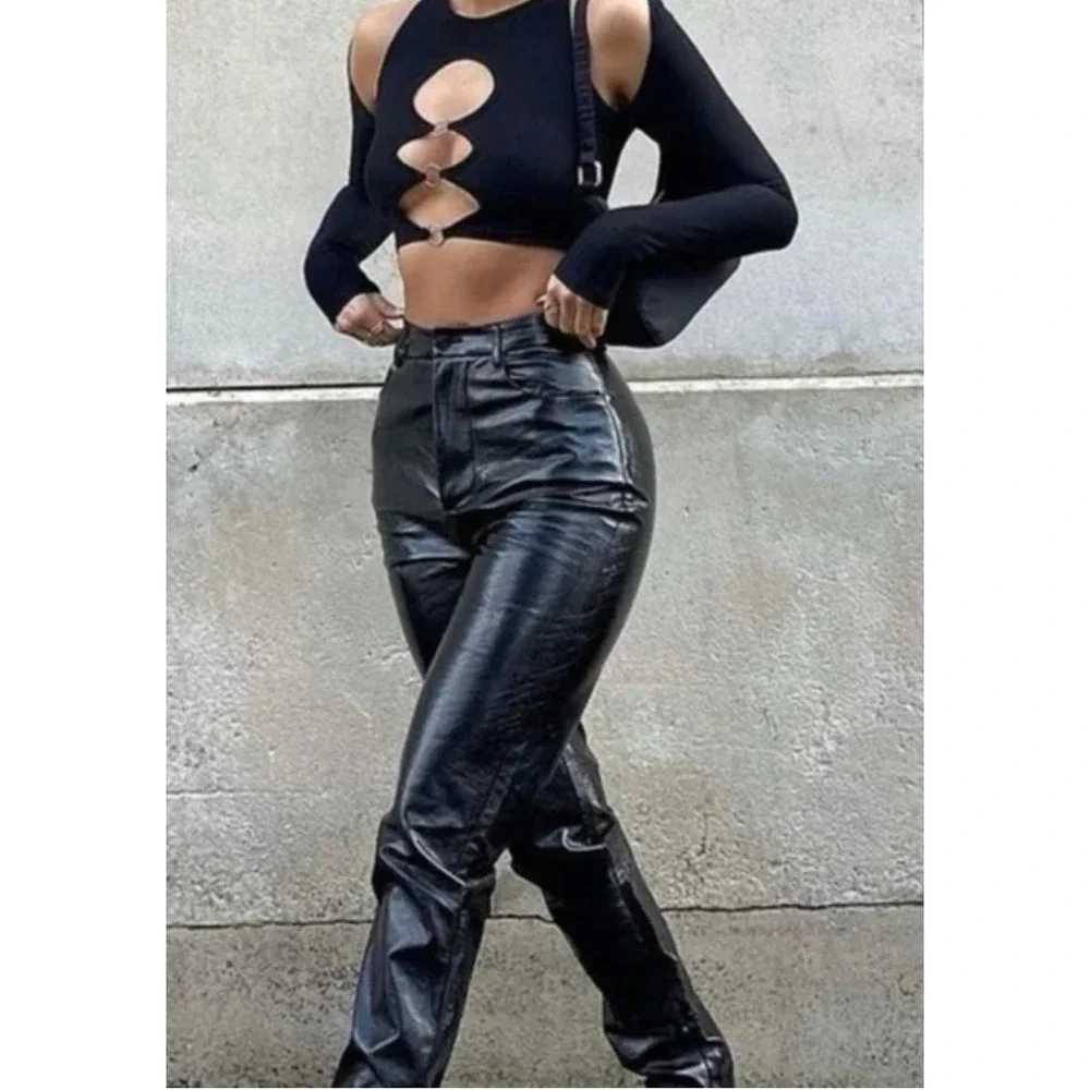 White‎ Fox Pants Womens Medium Black Faux Leather High Waisted Chic - Picture 3 of 9